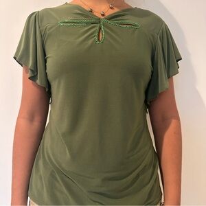 Green Keyhole Flutter Sleeve Top